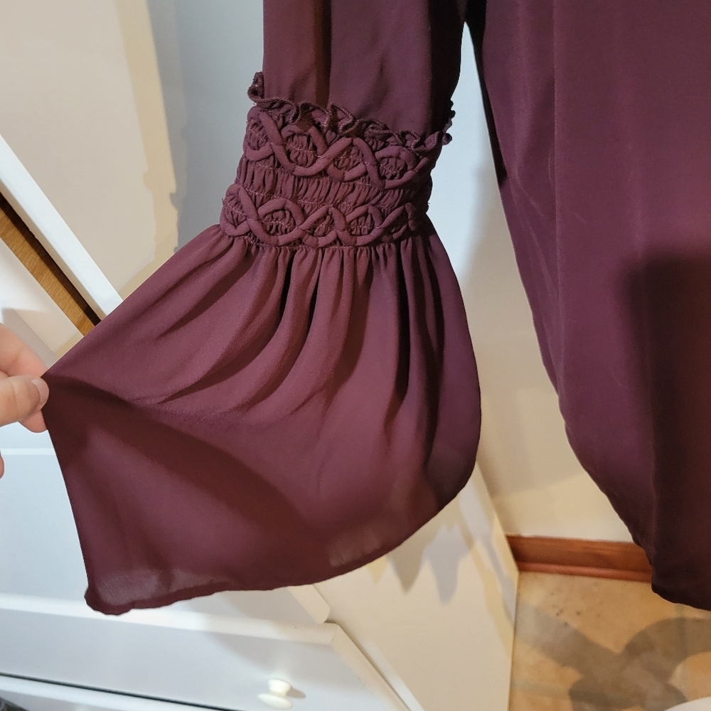 Loft Outlet Bell Sleeve Solid Red Keyhole Tie Back Fairy Blouse | Small - Picture 3 of 8